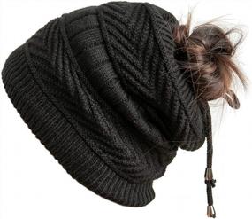 img 4 attached to Women'S Adjustable Knit Ponytail Beanie Hat Messy Bun Cap