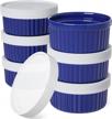 set of 6 le tauci 8 oz blue ramekins with silicone storage lids - ideal for baking creme brulee and custard, oven safe dishes logo