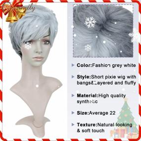 img 3 attached to Synthetic Hair Wigs Pixie Cut Grey White Mixed With Straight Layered Bangs Short Creamy Gray