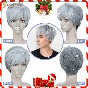 img 2 attached to Synthetic Hair Wigs Pixie Cut Grey White Mixed With Straight Layered Bangs Short Creamy Gray
