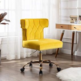 img 2 attached to Velvet Upholstered Office Chair W/ Gold Base, Rolling Wheels, And Chic Wingback Design - Elegant Task Chair For Home Office Or Study Room, Available In Yellow - Adorned With Nailhead Accents