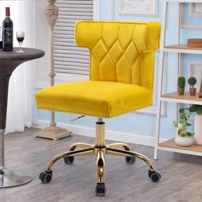 img 4 attached to Velvet Upholstered Office Chair W/ Gold Base, Rolling Wheels, And Chic Wingback Design - Elegant Task Chair For Home Office Or Study Room, Available In Yellow - Adorned With Nailhead Accents