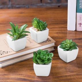 img 3 attached to Set Of 4 MyGift Artificial Succulent Plants In White Ceramic Pots | Modern Living Room Decor