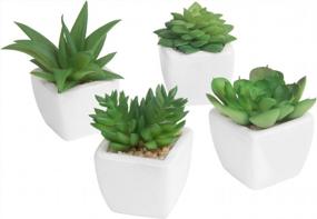 img 4 attached to Set Of 4 MyGift Artificial Succulent Plants In White Ceramic Pots | Modern Living Room Decor