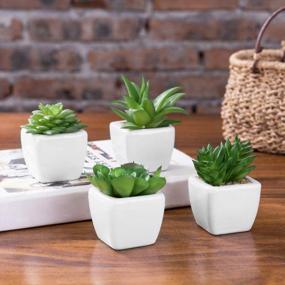 img 2 attached to Set Of 4 MyGift Artificial Succulent Plants In White Ceramic Pots | Modern Living Room Decor