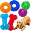 non-toxic dog squeaky toys value set: toss and fetch tpr rubber balls, spikey chew toys, perfect for small to medium dogs, puppy teething toys and pet playtime fun logo