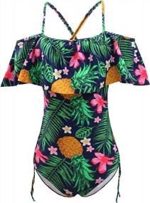 img 4 attached to Tropical Perfection: QYQKFLY'S Women'S One Piece Swimsuit With Pineapple And Palm Leaves Design - Off Shoulder And Adjustable Fit!