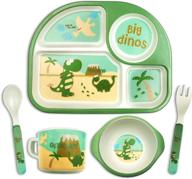 5pcs dinosaur dinnerware set for kids | bamboo plate, utensils & bowls | toddler self-feeding dishes dishwasher safe logo