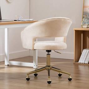 img 1 attached to Guyou Home Office Desk Chair With Arms, Wheels & Chenille Fabric Vanity Stool Gold Base Swivel Task Mid Hollow Back Computer Desk Living Room Bedroom Beige