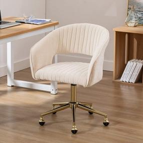 img 2 attached to Guyou Home Office Desk Chair With Arms, Wheels & Chenille Fabric Vanity Stool Gold Base Swivel Task Mid Hollow Back Computer Desk Living Room Bedroom Beige