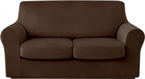 img 4 attached to Protect Your Sofa In Style With Maxmill Velvet Stretch Loveseat Sofa Slipcovers - Brown, 3 Pieces With Plush Couch Sofa Covers & Elastic Bottom