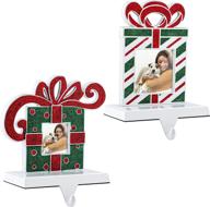 set of 2 christmas stocking holders with photo frame - metal hooks for holiday fireplace decorations and gift box stockings - mceast logo