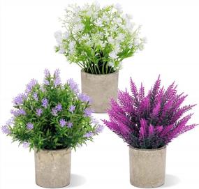 img 4 attached to 3 Pack Artificial Small Flower Plants, 10” Faux Greenery Indoor Decor With Lavender Pots For Garden Lawn Balcony Office Home