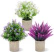 3 pack artificial small flower plants, 10” faux greenery indoor decor with lavender pots for garden lawn balcony office home logo