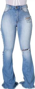 img 1 attached to Женские рваные расклешенные джинсы с эластичной резинкой на талии, расклешенными штанинами и необработанным краем - лестные женские джинсы - Denim Pants With Attitude