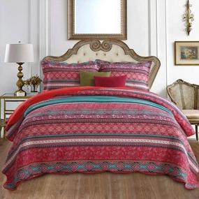 img 4 attached to Oversized Boho Queen Cotton Quilt Set - Soft Red Striped Bedspread Bedding With Bohemian Flair, 3-Piece King Size Set