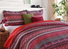 img 3 attached to Oversized Boho Queen Cotton Quilt Set - Soft Red Striped Bedspread Bedding With Bohemian Flair, 3-Piece King Size Set