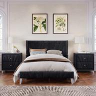 full bedroom set: merax 3-piece black velvet upholstered platform bed with 2 drawer nightstands logo