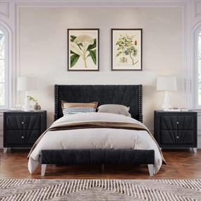 img 2 attached to Full Bedroom Set: Merax 3-Piece Black Velvet Upholstered Platform Bed With 2 Drawer Nightstands