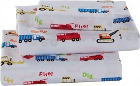 img 3 attached to 🚒 Multicolored Crane Backhoes Construction Equipment Trucks Fire Engine Design 3-Piece Sheet Set for Kids/Boys with Pillowcase, Flat and Fitted Sheets, Twin Size