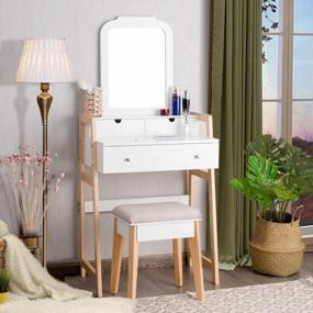 img 3 attached to Unique Chic Design Vanity Set With 2-Tier Tabletop & 3 Drawers, 25Inch Dressing Table With Large Mirror And Cushioned Stool For Small Apartments, Women And Girls Makeup Table Set By CHARMAID