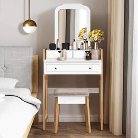 img 2 attached to Unique Chic Design Vanity Set With 2-Tier Tabletop & 3 Drawers, 25Inch Dressing Table With Large Mirror And Cushioned Stool For Small Apartments, Women And Girls Makeup Table Set By CHARMAID