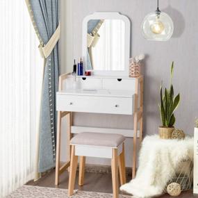 img 4 attached to Unique Chic Design Vanity Set With 2-Tier Tabletop & 3 Drawers, 25Inch Dressing Table With Large Mirror And Cushioned Stool For Small Apartments, Women And Girls Makeup Table Set By CHARMAID