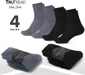 img 1 attached to Stay Slip-Free And Warm: TruTread Fuzzy Slipper Socks With Grippers For Men And Women - 4 Pairs