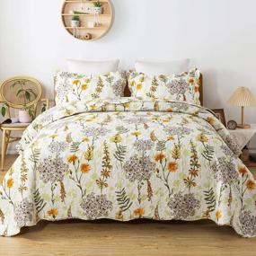 img 4 attached to Queen Size Reversible Floral Printed Quilted Bedspread With Shams - Travan 3-Piece Lightweight Coverlet Set For All Seasons In Yellow Flower Design