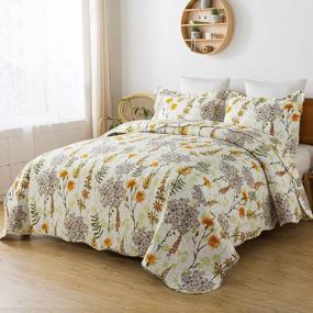 img 3 attached to Queen Size Reversible Floral Printed Quilted Bedspread With Shams - Travan 3-Piece Lightweight Coverlet Set For All Seasons In Yellow Flower Design