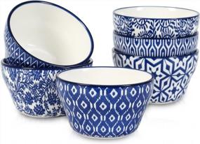 img 4 attached to Selamica Ceramic 8Oz Bouillon Cups 4-дюймовые маленькие миски, десертные миски для супа, соуса, кофейные чашки, микроволновая печь, посудомоечная машина, набор из 6, винтажный синий