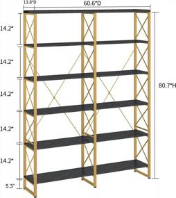 img 3 attached to 6-Tier 80.7” H Industrial Bookshelf - Double Wide Metal Frame Display Shelves By HOMYSHOPY (Gold & Black)