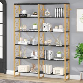 img 4 attached to 6-Tier 80.7” H Industrial Bookshelf - Double Wide Metal Frame Display Shelves By HOMYSHOPY (Gold & Black)