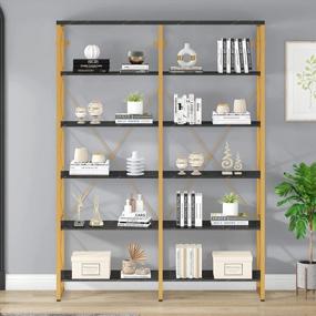 img 2 attached to 6-Tier 80.7” H Industrial Bookshelf - Double Wide Metal Frame Display Shelves By HOMYSHOPY (Gold & Black)