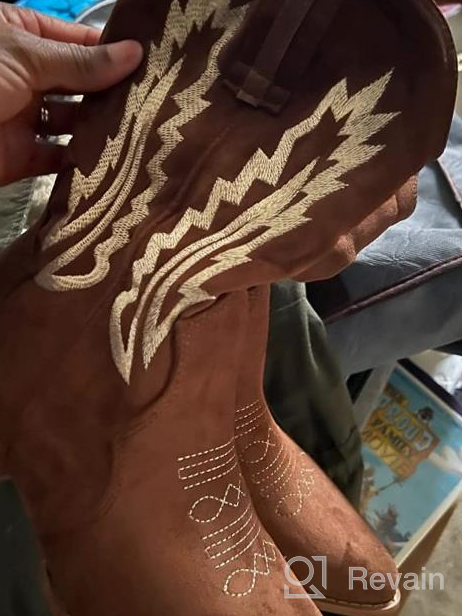 img 1 attached to Embroidered Suede Cowgirl Boots For Women - Pointed Toe Pull On Western Booties With Mid Calf Height By TEMOFON review by Chad Blanchet