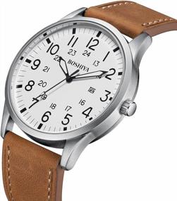 img 1 attached to BOSHIYA Men'S Analog Quartz Wrist Watch, Arabic Numerals Easy To Read Dial, Glowing Hands, Leather Strap/Black & Brown Color Options - 45Mm Diameter