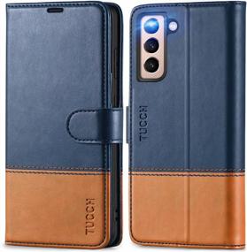 img 4 attached to TUCCH Galaxy S21 FE Wallet Case: Stylish, Durable & Secure Flip Cover With Shockproof Interior, RFID Credit Card Holder And Stand, Compatible With Galaxy S21FE 5G 6.4-Inch - Dark Blue & Brown