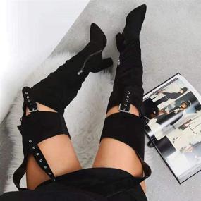 img 1 attached to Women'S Fashion Over The Knee Boots Sexy Buckle Strap Side Zipper Block Heel Thigh High Belted Pointed Toe Long Boot