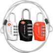 tsa approved all metal international travel luggage lock - 3 pack with 4-ft steel cable and 4 digit resettable combination | assorted colors (black+red+silver) logo