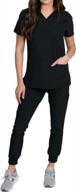 fleur women's stretch scrub set: chic top with zip chest pocket and comfy jogger pants with knit rib cuffs logo