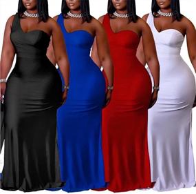 img 3 attached to Womens Sexy Plus Size One Off Shoulder Sleeveless Bodycon Satin Dress Evening Pencil Party Maxi Dresss