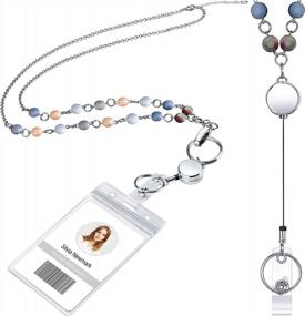 img 4 attached to Retractable Badge Reel Lanyard With ID Holder For Women, Fashion Beaded Necklace Stainless Steel Chain And Clear Waterproof Card Holder