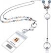 retractable badge reel lanyard with id holder for women, fashion beaded necklace stainless steel chain and clear waterproof card holder logo