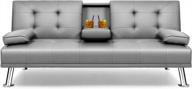 modern grey faux leather futon sofa bed with cup holders and armrest - convertible folding recliner lounge for living room by flamaker logo