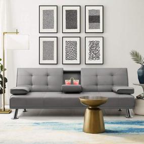 img 3 attached to Modern Grey Faux Leather Futon Sofa Bed With Cup Holders And Armrest - Convertible Folding Recliner Lounge For Living Room By Flamaker
