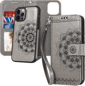 img 4 attached to CASEOWL Wallet Case for iPhone 13 Pro Max – Detachable Magnetic Wallet 👜 with RFID Blocking, Mandala Embossed Leather Flip Folio Case for Women, Card Holder, Strap (Gray)