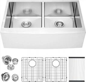 img 4 attached to Lordear Stainless Steel Double Bowl Farmhouse Sink 33 Inch Undermount Farmer Kitchen Sink Apront Front Round Corner Double Basin 50/50 16 Gauge Stainless Steel Farm Sink Basin 33