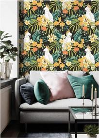 img 3 attached to HAOKHOME 93046-1 Rainforest Tropical Peel And Stick Floral Wallpaper Palm Parrot Black/White/Orange Removable For Nursery Bedroom Decorations 17.7In X 118In