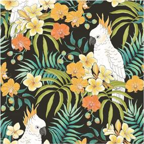 img 4 attached to HAOKHOME 93046-1 Rainforest Tropical Peel And Stick Floral Wallpaper Palm Parrot Black/White/Orange Removable For Nursery Bedroom Decorations 17.7In X 118In