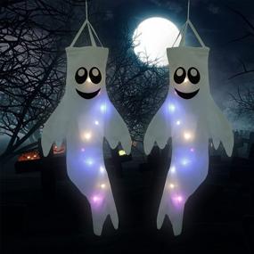 img 4 attached to LUCKYBUNNY 2 Pieces Ghost Windsocks With LED Light, Halloween Windsock Flag Halloween Decoration Ghost Decorations For Outdoor Yard Porch Garden Tree (White)
